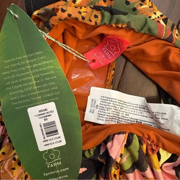 FARM RIO One Piece Swimsuit Toucananas Plunge Halter Bathing Suit Tropical NWT - Picture 5 of 9